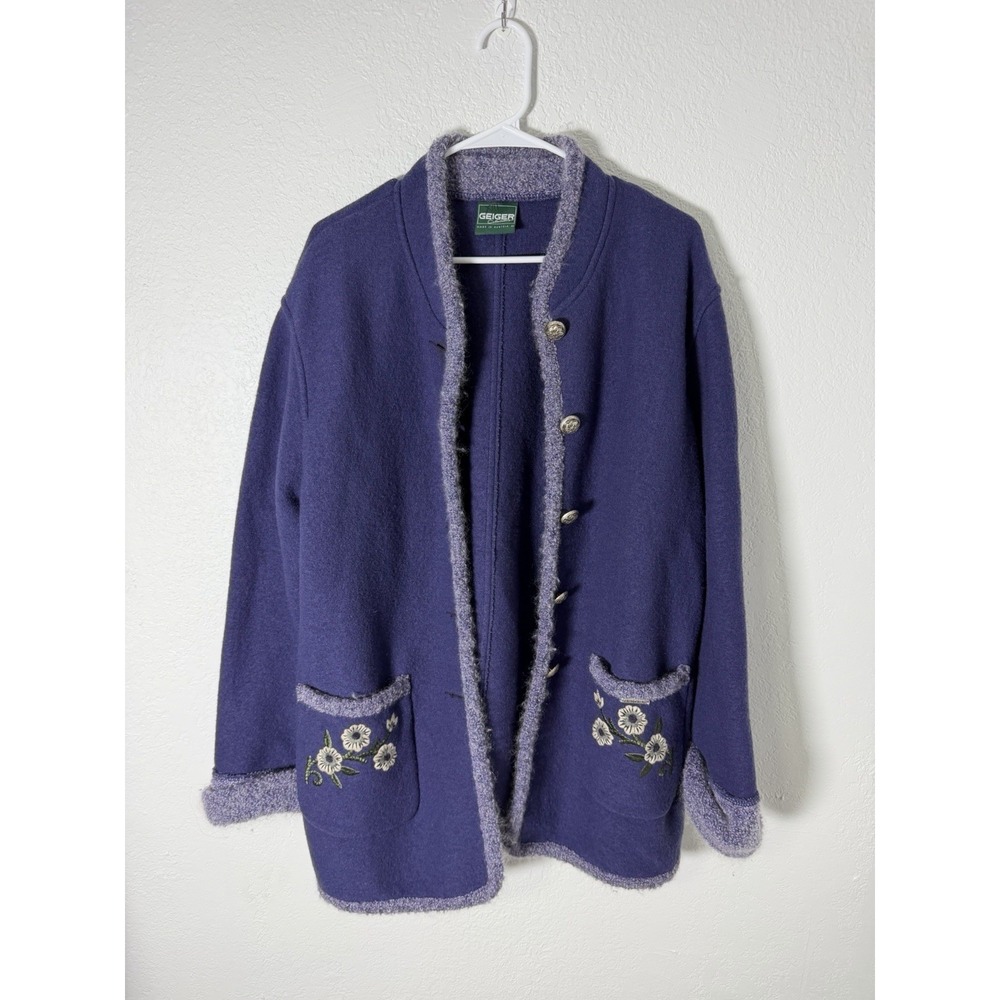 Geiger Boiled Wool Coat Jacket Womens Sz‎ 40 XL Austria Red Embroidered Flowers